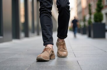 casual urban style brown leather shoes on city sidewalk showcasing modern street fashion and movement, footwear marketing and lifestyle branding