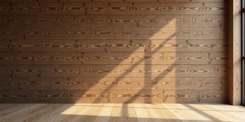 Obraz premium Sunlit Wooden Room Interior Design with Natural Light and Shadow Patterns on Wall and Floor