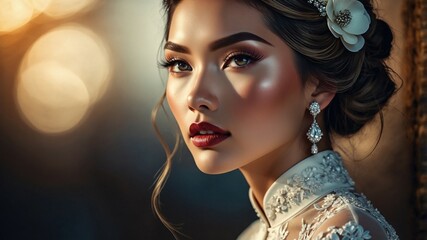 Close-up of a stunning bride with glowing skin, bold red lips, and a floral hairpiece, illuminated by warm, soft light.  
