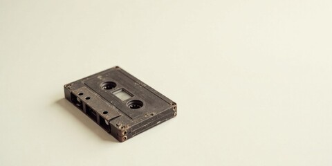 A well-worn audio cassette tape rests on a plain white surface, a relic of a bygone era of analog music