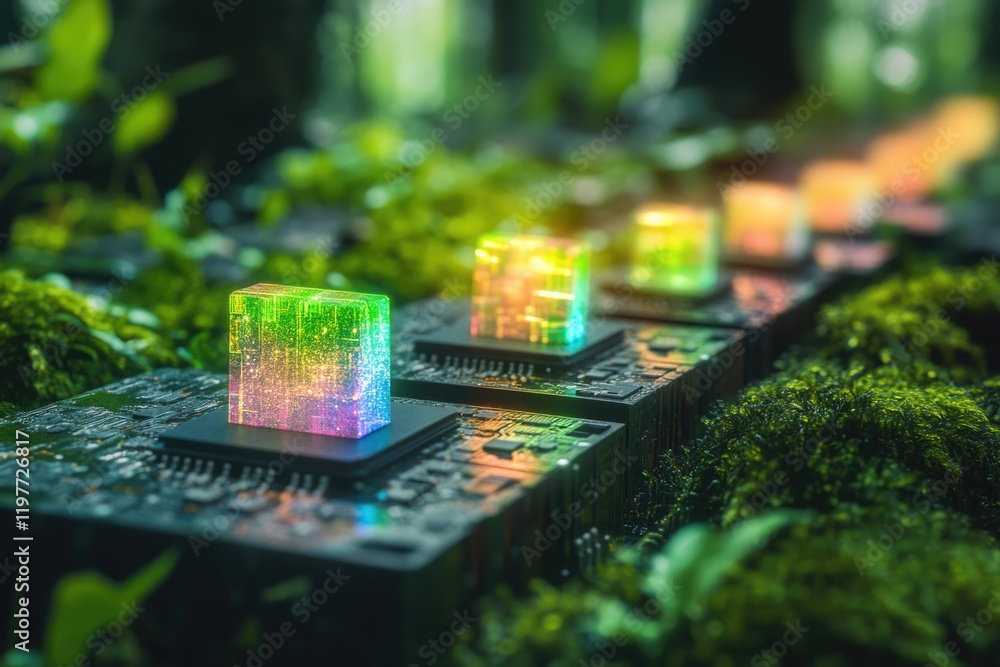 Poster luminous data cubes rest on circuit boards nestled in a lush green forest, symbolizing nature's inte