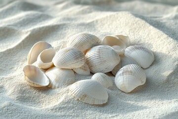 A pile of white seashells rests on a bed of white sand, a tranquil beach scene.