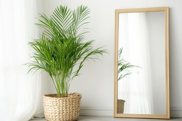 Palm plant in woven basket beside wooden framed mirror