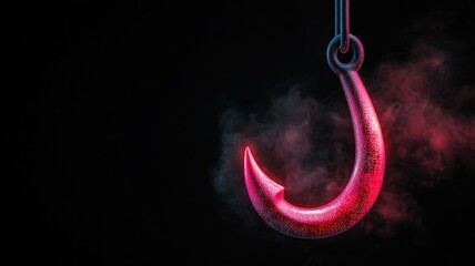 A close-up of a shiny red fishing hook, illuminated against a dark background, with a smoky effect adding depth and intrigue.