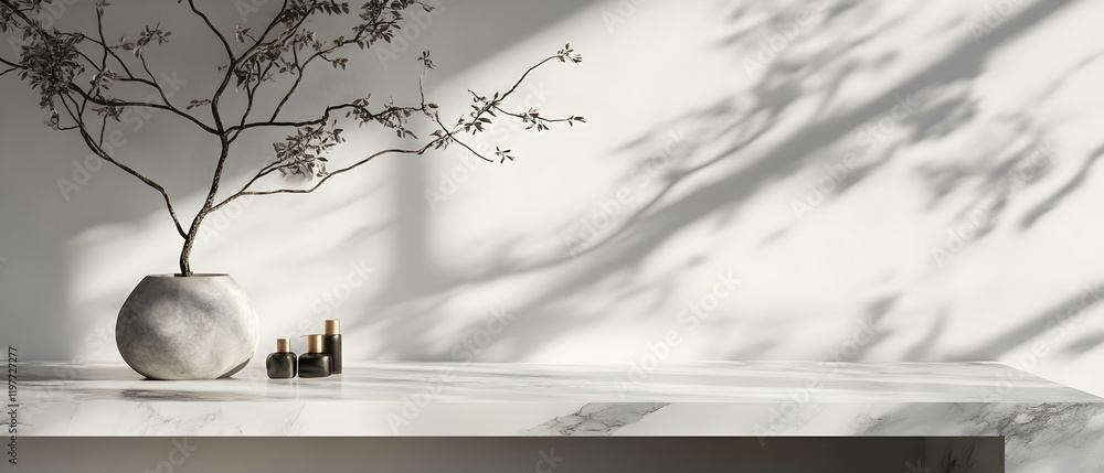 Poster marble table with soft shadows from a nearby tree, perfect for displaying products in a minimalist s