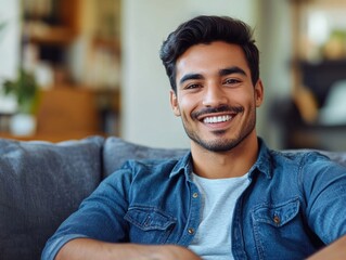 A content man sitting on a couch, with a blurry background of living room furniture.