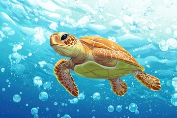 Colorful sea turtle swimming underwater in blue ocean, surrounded by bubbles. Cartoon style illustration.