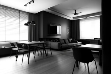 A contemporary open floor plan living area with sleek furnishings.