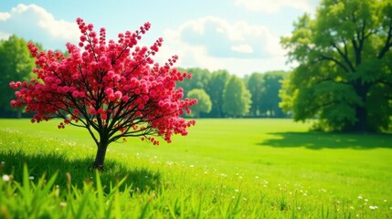 Fototapeta premium Vibrant pink flowering tree stands prominently in a sunlit meadow, showcasing a serene pastoral landscape with lush green grass and distant foliage under a bright sky.
