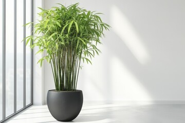 Fototapeta premium Lush green plant in a black pot near a window