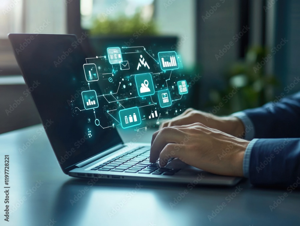 Poster hand of person using computer with futuristic digital icons in the air, signifying advanced technolo