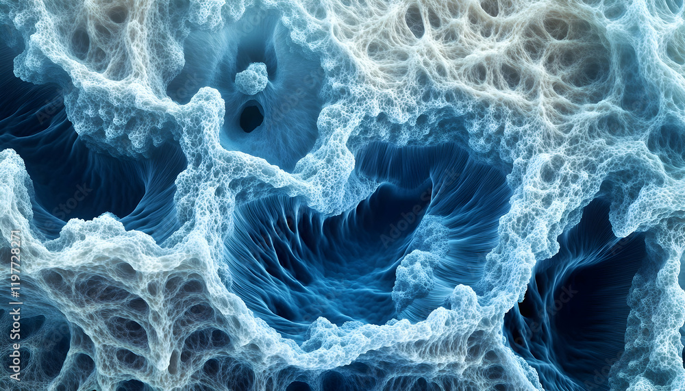 Poster microscopic view of vivid cellular structures in dynamic blue hues, emphasizing scientific explorati