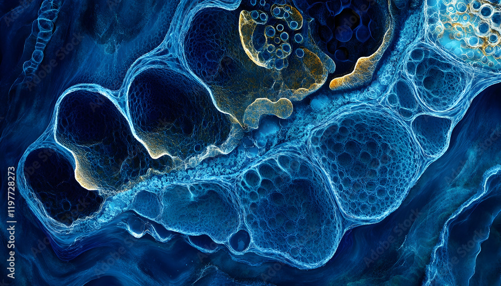 Poster microscopic view of vivid cellular structures in dynamic blue hues, emphasizing scientific explorati
