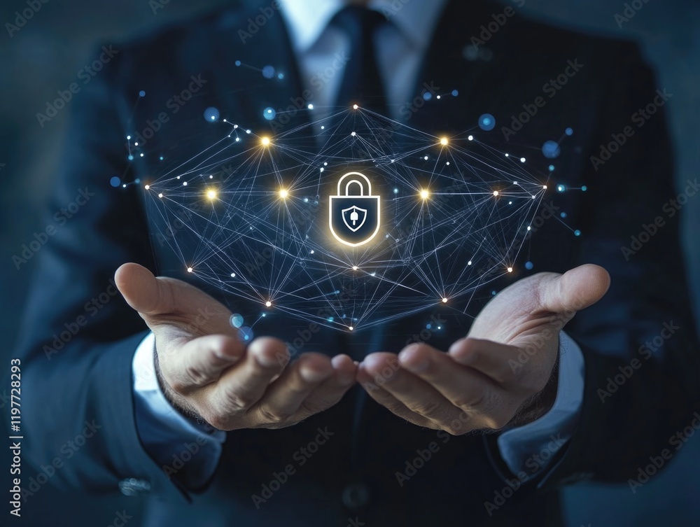 Poster hand holding digital security, encryption and network connection, with a lock and shield symbolizing