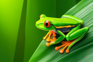 Vibrant Green Frog on Lush Leaf - A vibrant green frog with striking red eyes perches on a lush green leaf, symbolizing nature, tranquility, vibrant life, hidden beauty, and exotic wildlife.