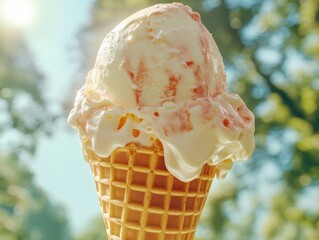 A delicious and refreshing vanilla ice cream cone with pink swirl, served in a waffle cone. Perfect for a warm summer day.