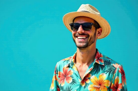 Close-up. A man in a Hawaiian shirt and a straw hat smiles on a blue background. Travel concept.