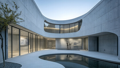 Minimalist concrete architecture with an open courtyard, curved walls, and a display area -