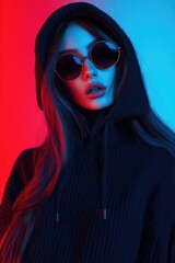 A beautiful young model in sunglasses wearing a hoodie, exuding confidence and fashion style.