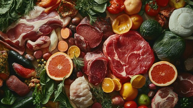 Variety of vegetables and fruits, including citrus.