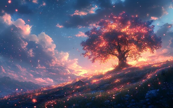 Sunny Summer Hilltop Blooming Field with Sparkling Sky