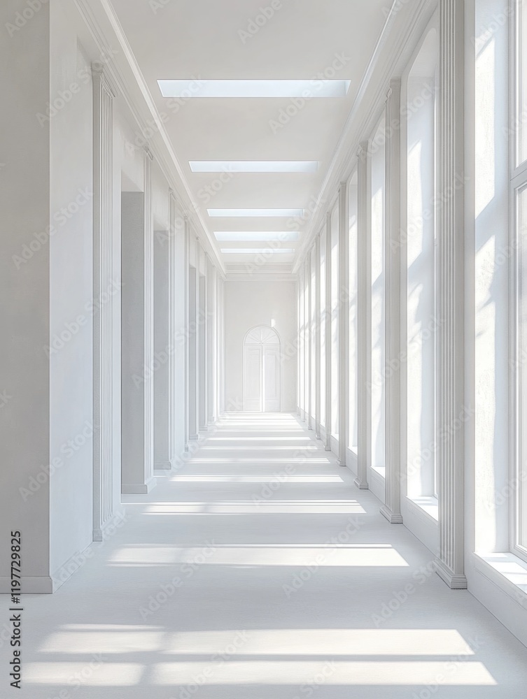 Poster the image depicts a long hallway with arched windows, creating an airy and spacious atmosphere.