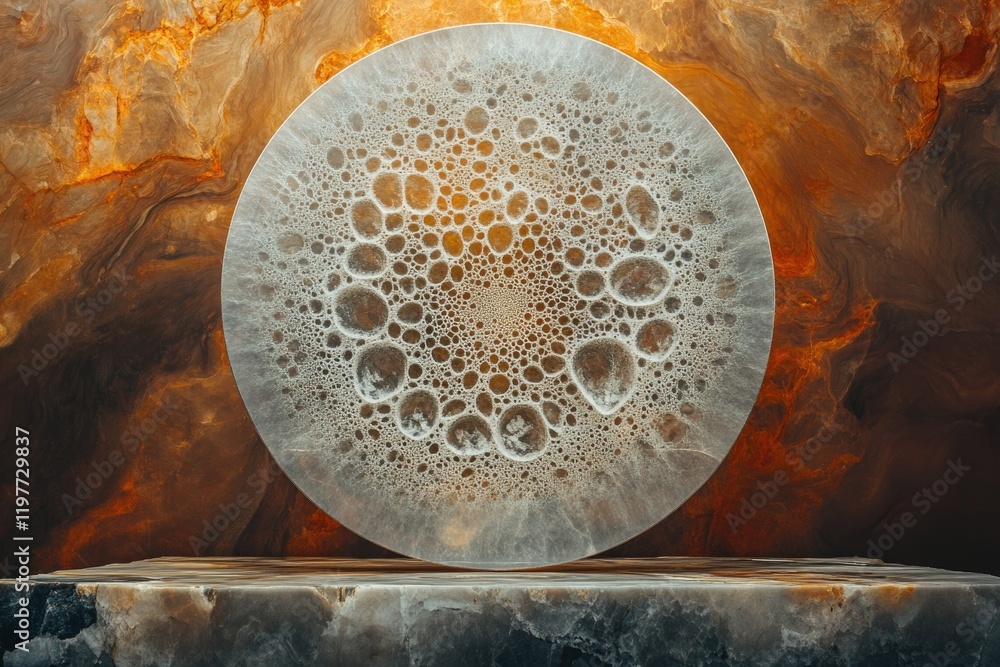 Poster abstract art featuring a circular, translucent object with bubble-like formations against a marbled 