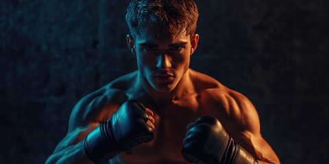 The image showcases a young man in a gym, demonstrating his fitness and boxing skills. He is wearing boxing gloves and appears to be either training or engaged in a sparring session.