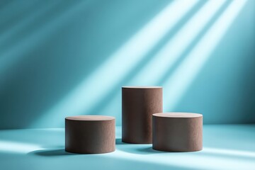 Three Brown Cylinders on Blue Background