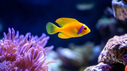 Vibrant Yellow Fish in Coral Reef - A stunning yellow fish with a purple stripe swims gracefully near a purple coral.  Ocean life, underwater scene.