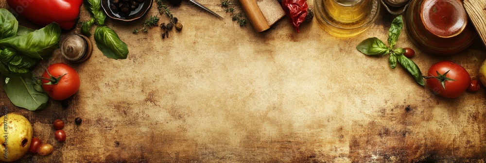 Leinwandbilder fresh ingredients and herbs create an inviting space for culinary creativity in a rustic kitchen set