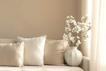 Experience the serene elegance of a minimalist interior with soft white pillows and delicate flowers