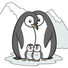 Naklejka premium Penguin family huddling together in Antarctic snow, showcasing love and warmth in a cold environment.