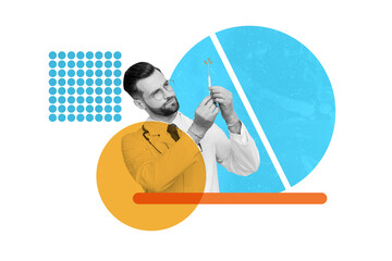 Sketch image artwork composite 3D photo collage of scientist young guy work laboratory hand hold...