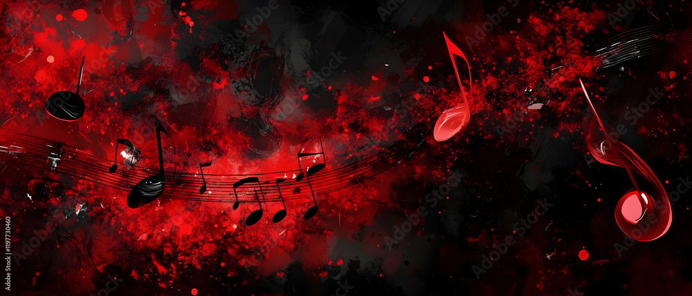Poster music background with vibrant red and black tones and abstract patterns -