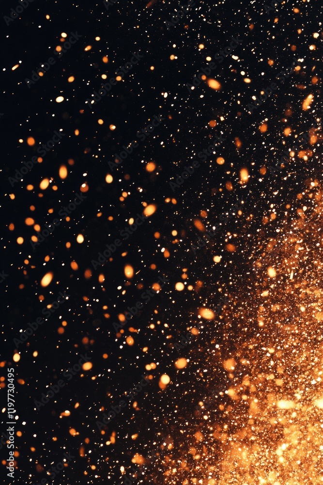Poster close-up of small gold sparkles creating a bokeh effect against black background.