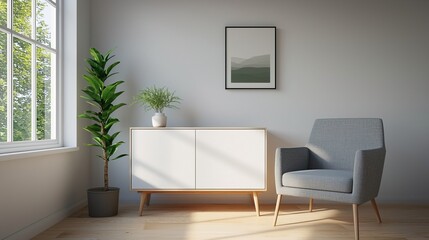 Minimalist Scandinavian Apartment Decor Idea, Scandinavian minimal sideboard with chair concept.