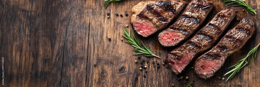 Poster grilled steak cuts arranged on rustic wooden table with fresh herbs and spices for culinary inspirat
