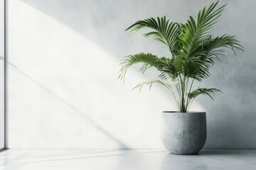 Fototapeta premium A potted palm plant stands against a white wall