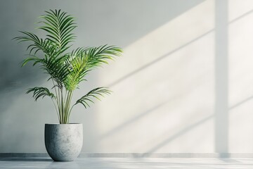 Fototapeta premium A potted palm plant stands against a light wall