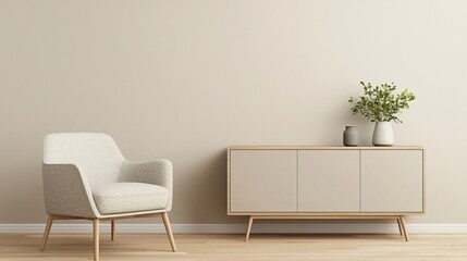 Minimalist Scandinavian Living Room Design Concept, Scandinavian minimal sideboard with chair concept.