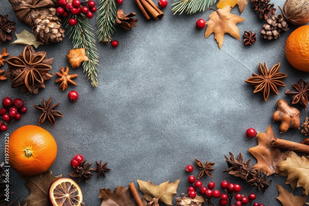 Poster Festive arrangement of autumn ingredients and spices on a gray background with ample space for text or designs. Generative AI