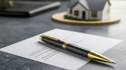 A sleek pen rests on a blank document beside a miniature house model, symbolizing real estate, contracts, and home ownership.