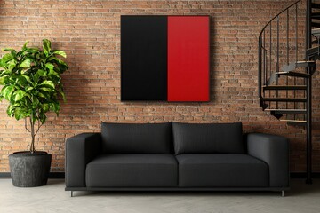 Industrial style combines modern design with exposed brick elements. Modern living room with black sofa and abstract wall art.
