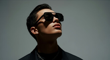 Fototapeta premium Sleek and enigmatic, this portrait captures a person sporting stylish sunglasses