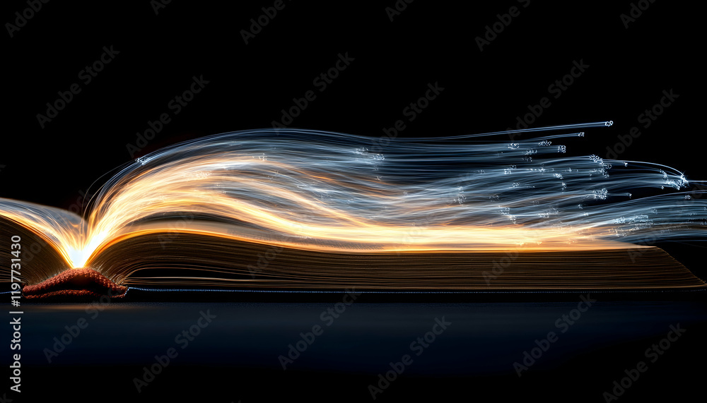 Poster open book with glowing light trails symbolizing speed reading and learning innovation -