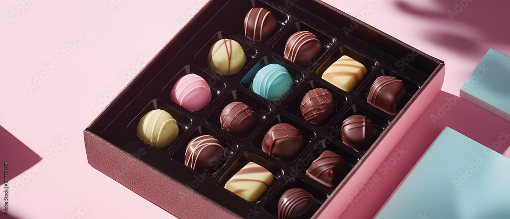 Aufkleber open box of assorted chocolates displayed on a pastel-colored surface -