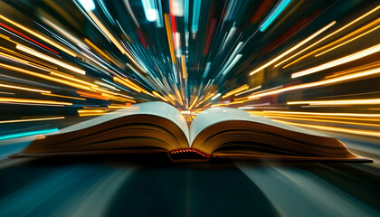 An open book emits bright light trails, embodying the ideas of rapid reading and educational innovation.