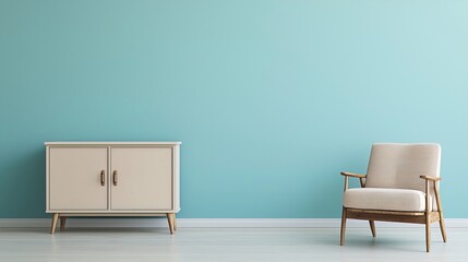Modern Living Room Interior with Turquoise Wall and Minimalist Furniture, Scandinavian vintage wood cabinet with chair concept.