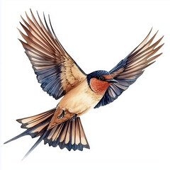 Obraz premium Illustration of the Barn Swallow in flight, soft watercolor tones, white background, detailed illustration, cartoonish.